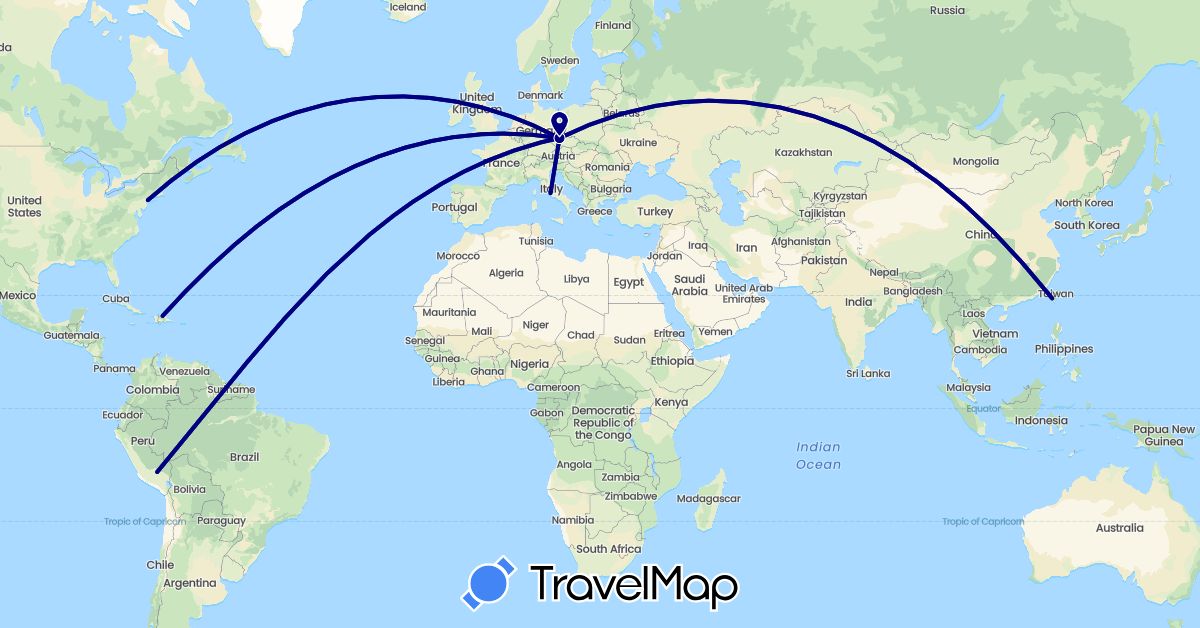 TravelMap itinerary: driving in Czech Republic, Germany, Dominican Republic, Italy, Peru, Taiwan, United States (Asia, Europe, North America, South America)